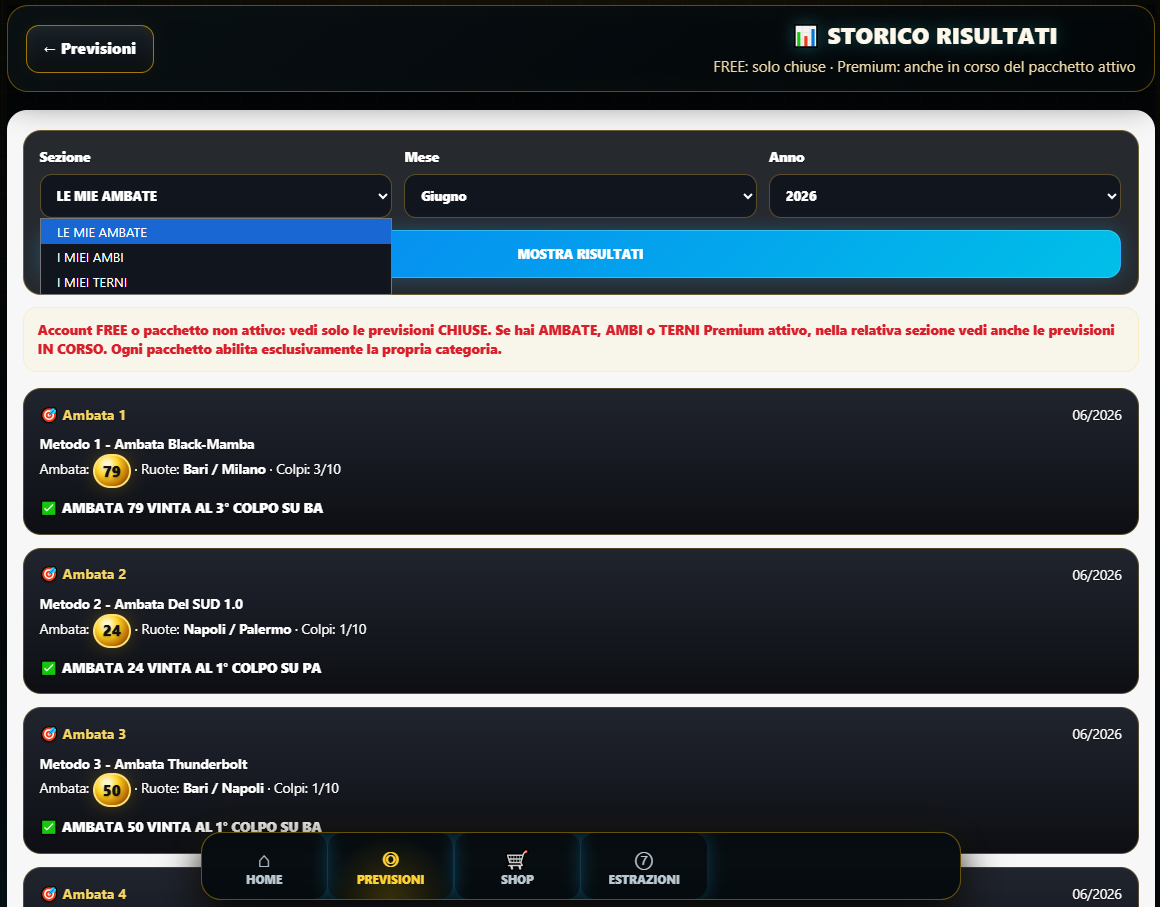 Storico risultati menu ufficiale